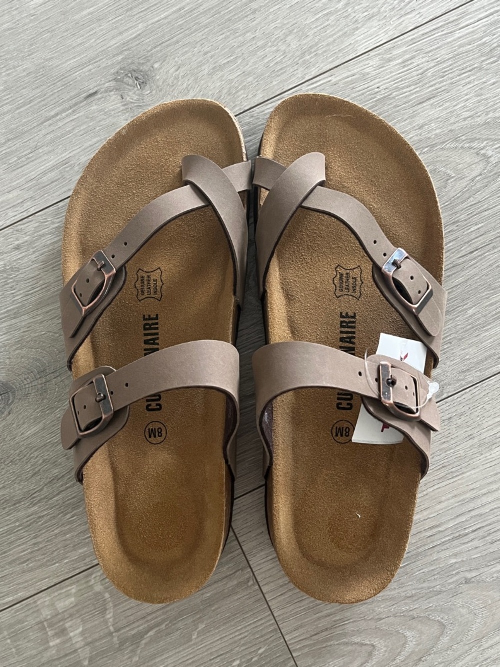 Double-Buckle Crossover Slide Sandals in Taupe